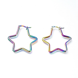 Rainbow Color Серьги из 201 нержавеющей стали, с 304 штифта из нержавеющей стали, гипоаллергенные серьги, звезда, Радуга цветов, 12 датчик, 36x33x2 мм, штифты : 0.7 мм