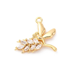 Настоящее золото 18K Подвески из латуни со стразами, без кадмия, без никеля и без свинца, рисовый колос с подвеской в виде бабочки, реальный 18 k позолоченный, 15x17x3 мм, отверстие : 1.4 мм