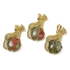 Унакит Натуральный унакитовый шар с латунными подвесками в форме леопарда, стойки покрытие, без кадмия и без свинца, долговечный, 35x22x6.5 мм, отверстие : 7x3.5 мм