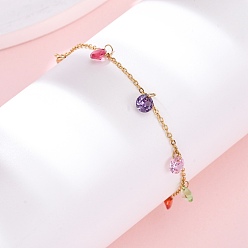 Разноцветный 304 из нержавеющей стали шарм браслеты, браслеты-цепочки для женщин, плоско-круглые, с кубического циркония, красочный, 6-3/4 дюйм (17.2 см)