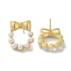 Real 18K Gold Plated Rack Plating Brass Studs Earrings, with Plastic Beads, Long-Lasting Plated, Lead Free & Cadmium Free, Bowknot, Real 18K Gold Plated, 17x4.5mm