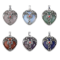 Смешанные камни 6 шт. 6 стили натуральный аметист, зеленый авантюрин и розовый кварц, подвески в форме сердца с двойным драконом, обернутым в металлическую оболочку из кунжутной яшмы, синтетического авантюрина и опалита, античное серебро, окрашенные и неокрашенные, 38x32x11 мм, отверстие : 6.5x3 мм, 1 шт / стиль
