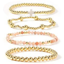Розовый Кварц 4шт 4 стили натуральный розовый кварц и латунные круглые бусины эластичный браслет набор для женщин, внутренний диаметр: 6-7/8 дюйм (17.5 см)