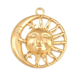 Oro 304 colgantes de acero inoxidable, Luna con amuletos de cara de sol, dorado, 47.5x41x6.5 mm, agujero: 4.5 mm