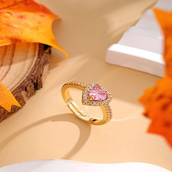 Золотой Кольца-манжеты в форме сердца из латуни с микропаве из ярко-розового кубического циркония для женщин, золотые, 2~10 мм, внутренний диаметр: 17 мм