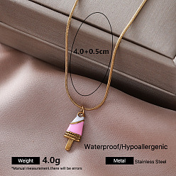 Ice Cream Vintage Summer 304 Stainless Steel Enamel Pendant Round Snake Chain Necklaces for Women, Golden, Pink, Ice Cream, 15.75 inch(40cm)