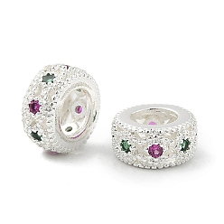 Серебро Латунные микро проложить Цирконий Европейский бисером, плоско-круглые, бусины с большим отверстием, стойки покрытие, без кадмия и без свинца, долговечный, серебряные, 8x3.5 мм, отверстие : 4.2 мм