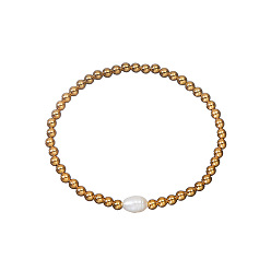 Золотой 304 эластичные браслеты из нержавеющей стали для женщин, с пресной водой жемчуг, золотые, регулируемый