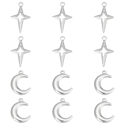 Нержавеющая Сталь Цвет 12 шт 2 стиль 304 подвески из нержавеющей стали, Луна и звезды, цвет нержавеющей стали, 22~27.5x17x2.5~4 мм, отверстие : 1.2~2.2 мм, 6 шт / стиль