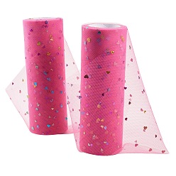 Deep Pink Heart Glitter Sequin Deco Mesh Ribbons, Tulle Fabric, Tulle Roll Spool Fabric For Skirt Making, Deep Pink, 6 inch(15cm), about 10yards/roll(9.144m/roll)