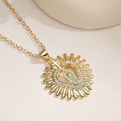 Настоящее золото 18K Женское ожерелье из латуни с микропаве в виде сердца из прозрачного кубического циркония и подвеской в виде Девы Марии., реальный 18 k позолоченный, 17.72 дюйм (45 см)