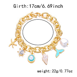 Золотой Браслеты в пляжном стиле из сплава с эмалью и пластиковыми жемчужинами, браслеты из сплава и цепи для женщин, форма ракушки, морская звезда и рыбий хвост, золотые, 6.69 дюйм (17 см)