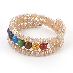 Bisque Electroplate Glass Wrap Bracelets, with Mixed Gemstone, 3-Loop, Round, Bisque, 53mm
