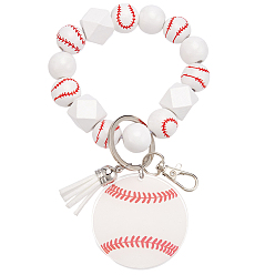 Baseball 1Pc Printed Acrylic & Faux Suede Tassel Pendant & Wood Bead Keychains, with Iron Split Key Rings and Alloy Swivel Clasps, Platinum, 155mm