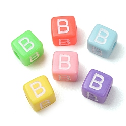 Couleur Mélangete Perles européennes opaques acrylique, Perles avec un grand trou   , cube avec la lettre b, couleur mixte, 10x9x9~9.5mm, Trou: 4mm, environ580 pcs / 500 g