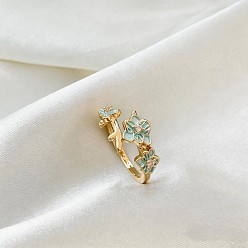 Turquesa Anillos abiertos de latón con micropavé de circonitas cúbicas para mujer, flor, con esmalte, turquesa, Tamaño estadounidense 4 1/4(15mm)~20mm