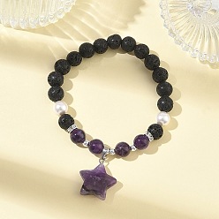Звезда Браслеты с подвесками из натурального аметиста, лавового камня и жемчуга из ракушек., круглые браслеты из бисера для женщин, С немагнитным синтетическим гематитом, звезда, внутренний диаметр: 2.17 дюйм (5.5 см)