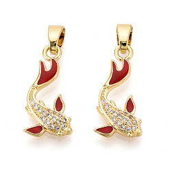 Настоящее золото 18K Подвески из латуни с микропаве из кубических цирконий и эмали, без кадмия, без никеля и без свинца, рыба, реальный 18 k позолоченный, 20.1x9.5x3 мм, отверстие : 2.6~3x5.8~6 мм