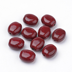 Темно-Красный Ручной работы яркие остеклением шарики фарфора, овальные, темно-красный, 19~20x16~17x10~11 мм, отверстие : 2~2.5 мм