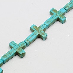 Темно-бирюзовый Синтетических нитей бирюзовые бусы, окрашенные, крестик, темные бирюзовый, 25x18x5 мм, отверстие : 1 мм, около 16 шт / нитка, 15.75 дюйм