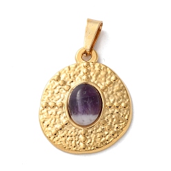 Аметист Подвески из натурального аметиста , 304 из нержавеющей стали плоские круглые прелести, ионное покрытие (ip), золотые, 21x17.5x4~4.5 мм, отверстие : 4.5x3 мм