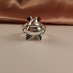 Античное Серебро Кольца из сплава лягушек с натуральным красным корундом, регулируемые открытые кольца, античное серебро, внутренний диаметр: регулируемый