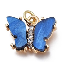 Синий Латунные микропаве прозрачные подвески с фианитом, со смолой и прыжковыми кольцами, долговечный, форме бабочки, цветочный узор на спине, золотые, синие, 13x17x3.5 мм, отверстие : 3 мм