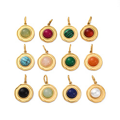 Настоящее золото 14K Cmешанные подвески драгоценных камней, плоские круглые прелести, с 304 установками из нержавеющей стали, ионное покрытие (ip), реальный 14 k позолоченный, 17.5x15x5.5 мм, отверстие : 5x3 мм