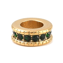 Émeraude 304 strass en acier inoxydable perles européennes, Perles avec un grand trou   , or, colonne, émeraude, 10x4.5mm, Trou: 5.5mm