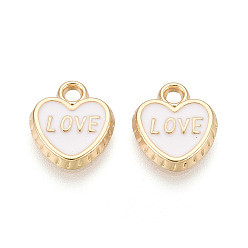 Белый Эмалевые подвески из легкого золота, сердце со словом любовь очарование, без свинца, без никеля и без кадмия, стойки покрытие, белые, 12x10.5x2 мм, отверстие : 1.8 мм