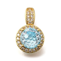 Небесно-голубой Латунные микро проложить кубического циркония подвески, плоские круглые прелести, реальный 18 k позолоченный, голубой, 19x11x10 мм, отверстие : 5.5x3.5 мм