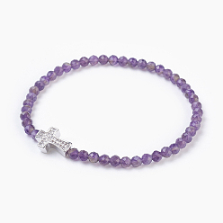 Amethyst Natural Amethyst Beads Stretch Bracelets, with Brass Micro Pave Cubic Zirconia Beads, Platinum, 2-1/8 inch(5.3cm)~2-1/8 inch(5.5cm)