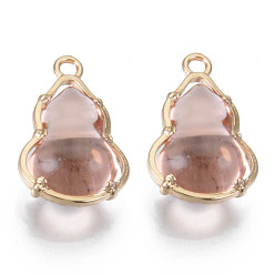 Misty Rose Glass Pendants, with Alloy Open Back Settings, Cadmium Free & Nickel Free & Lead Free, Gourd, Light Gold, Misty Rose, 18.5x11.5x7mm, Hole: 1.6mm