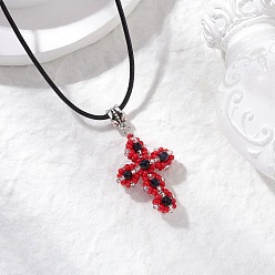 Красный Ожерелья с подвесками в виде креста из стеклянных бусин и синтетического синего золота, ожерелья из черного вощеного хлопкового шнура для женщин, красные, 17.60 дюйм (44.7 см)