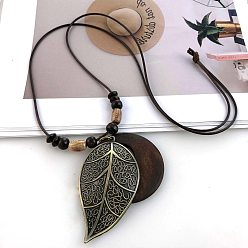 Лист Длинные ожерелья из сплава пончиков в стиле бохо для женщин, античная бронза, лист, 35.43 дюйм (90 см)