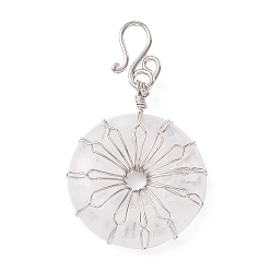 Quartz Crystal Natural Quartz Crystal Big Pendants, with Platinum Plated Brass Wires Wrapped, Flat Round, 50~53.5x30~31x7.5mm, Hole: 7.55mm