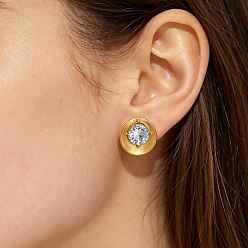 Flat Round 304 Stainless Steel Pave Clear Cubic Zirconia Stud Earrings for Women, Golden, Flat Round, 18mm