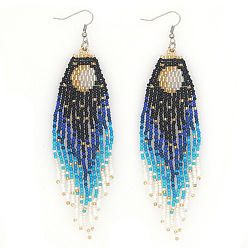 Светло-Голубой Серьги-подвески в форме луны из нержавеющей стали, со стеклянными бусинами ручной работы, платина, Небесно-голубой, 145x33 мм