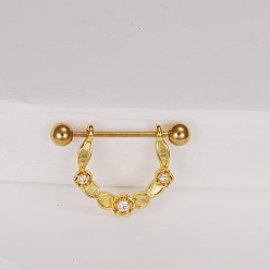 Золотой Кольца для сосков из латуни с прозрачным кубическим цирконием, сосок стремя, золотые, 15.8x16.7 мм
