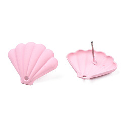 Pink Spray Painted Iron Stud Earring Findings, with Hole, Fan, Pink, 17x21.5mm, Hole: 1.6mm, Pin: 0.7mm