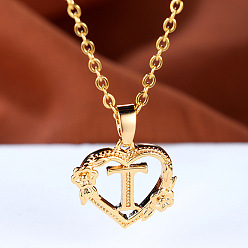Letter T Цепочка из латуни с подвеской в виде сердца в форме розы и буквы, золотые, Письмо T, 17.72 дюйм (45 см)