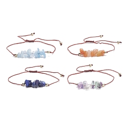 Mixed Stone 4Pcs 4 Style Chips Natural Mixed Beaded Bracelets Set with Brass Beads, Adjustable Bracelets for Women, Inner Diameter: 3/8~2-5/8 inch(1.1~6.7cm), 4Pcs/set