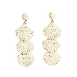 Белый Серьги-гвоздики в форме ракушек из рафии в богемном стиле, с железными контактами, золотые, белые, 90x32 мм