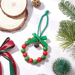 Зеленый Деревянные бусины рождественский венок подвеска украшение, с бантом из полиэстера, для рождественских украшений, зелёные, 145~150 мм
