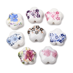 (52) Непрозрачная лаванда Ручной печатный шарики фарфора, цветок, разноцветные, 14x14.5x5.5 мм, отверстие : 1.8~2 мм