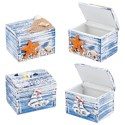 Mixed Color 2Pcs 2 Style Wood Box, Flip Cover Box, with Resin Ship, Rectangle, Mixed Color, 6x7.5x6.4cm, 1pc/style