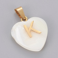 Letter K Shell Anhänger, mit 304 Edelstahl Zubehör, Herz mit Brief, golden, letter.k, 23.5x20x7 mm, Bohrung: 3.5x7 mm