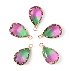 Зеленый 5 прозрачные стеклянные брелоки, слеза, с фурнитурой позолоченной латунной, два тона, граненые, зелёные, 18x10x5 мм, отверстие : 2 мм