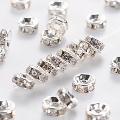 Crystal Brass Grade A Rhinestone Spacer Beads, Silver Color Plated, Nickel Free, Crystal, 5x2.5mm, Hole: 1mm