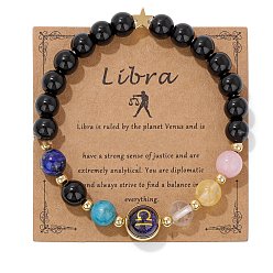Весы Эластичный браслет из круглых бусин из натуральных смешанных драгоценных камней, регулируемый браслет созвездие, Весы, 7-1/2 дюйм (19 см)